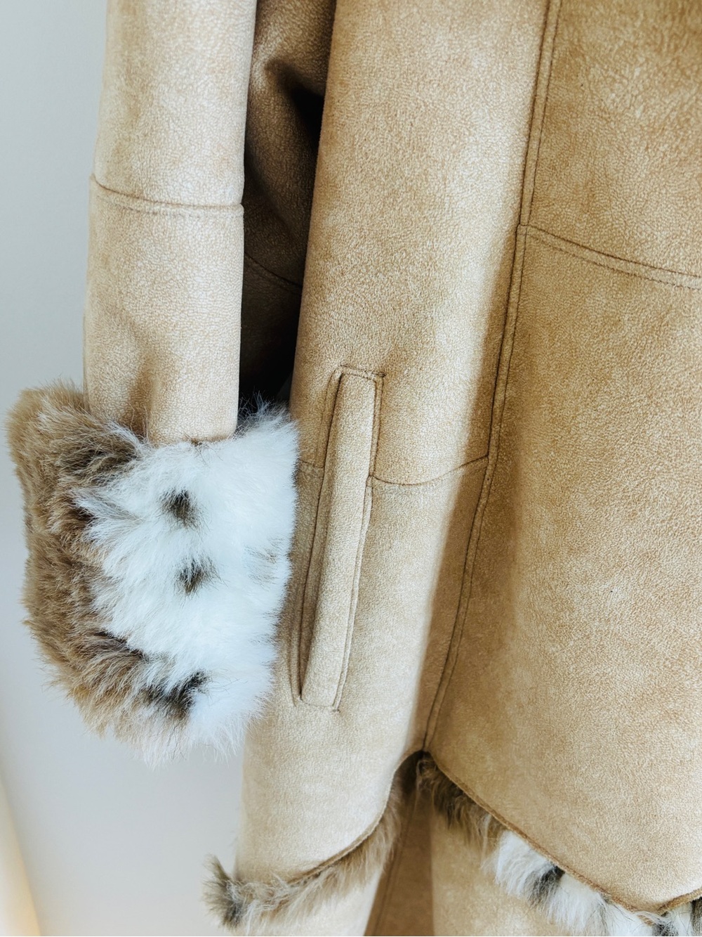 Vintage Faux Fur Trim Full Length Coat Western Boho Mob Wife Tan Beige Medium - Picture 11 of 15